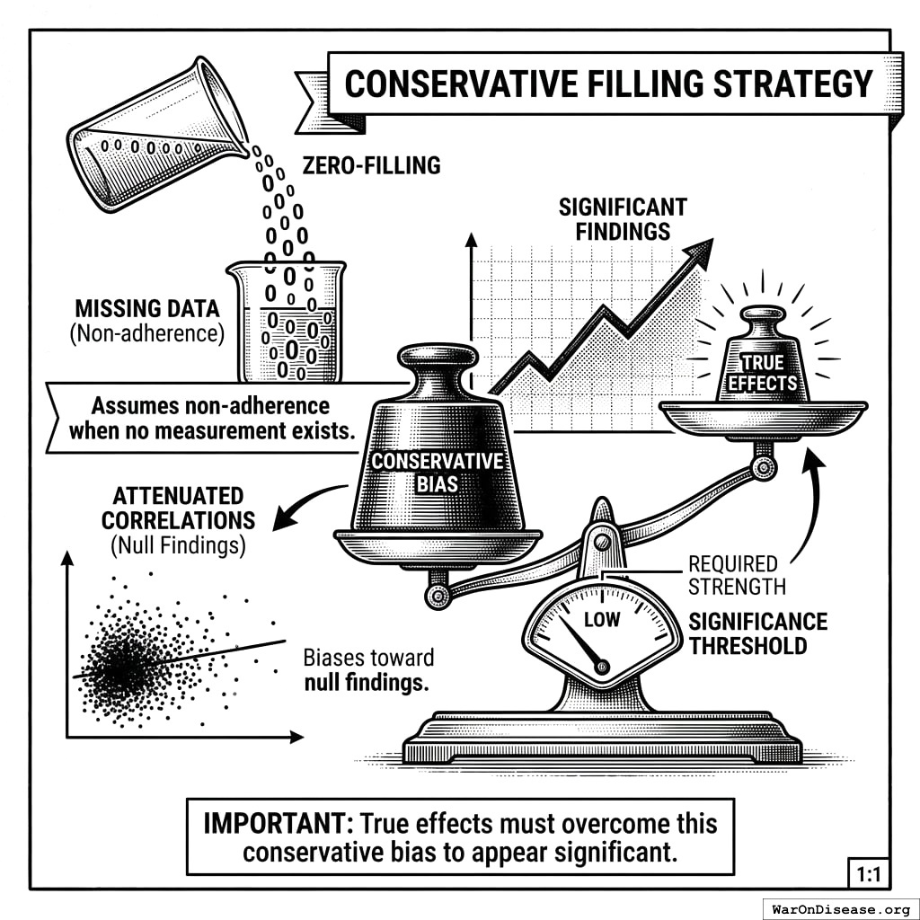 When people forget to log their data, pretend they took zero pills. This makes drugs look worse than they are, which is somehow the responsible thing to do.